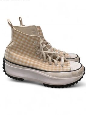 Converse Chunky High-Top Gingham Platform Sneakers in Beige and White